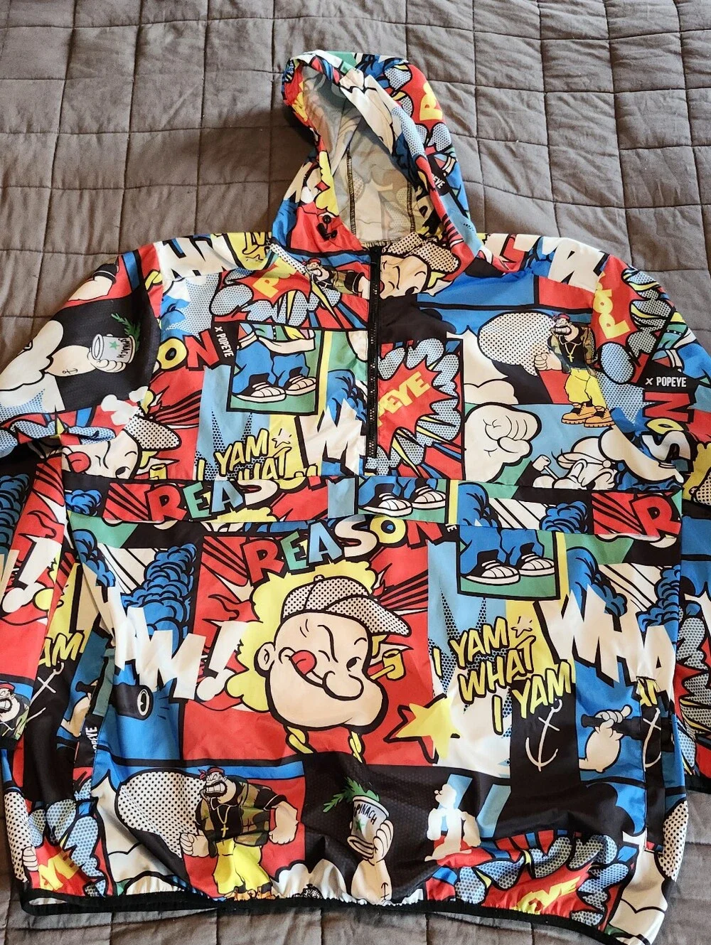 REASON POPEYE Comic Allover Print Multicolor Windbreaker 1/4 Zip Hood Mens 3XL